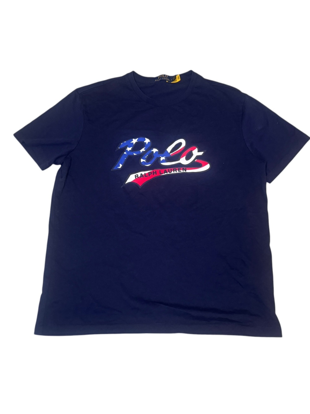 Polo Ralph Lauren Men's T Shirt Blue Spellout Logo American Flag Size Medium